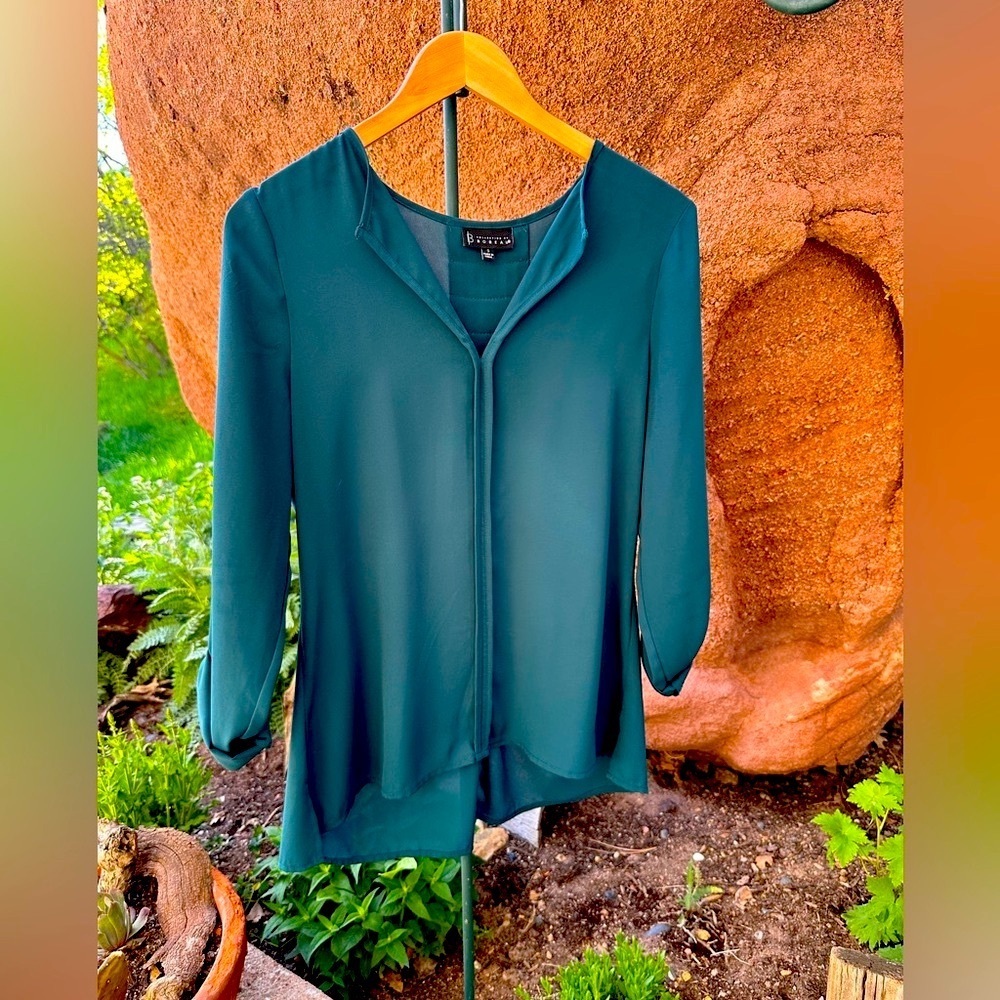 Bobeau Deep Teal Pin Tuck Back 3/4 Sleeve Blouse Size S